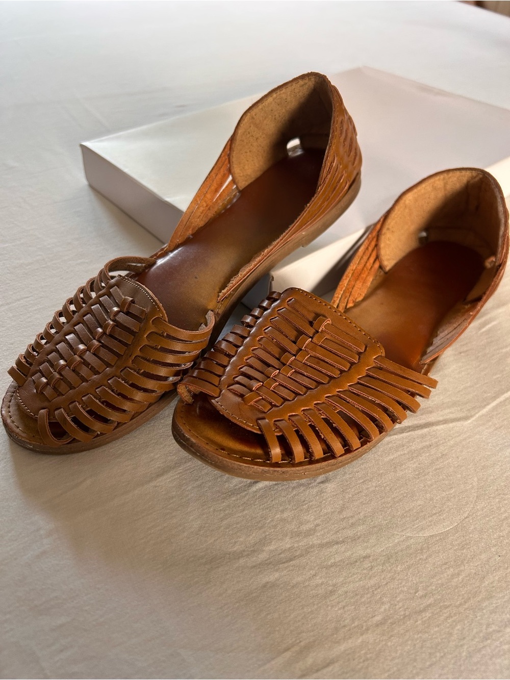 Women’s Genuine Leather Cognac Huarache Woven Flat Sandals